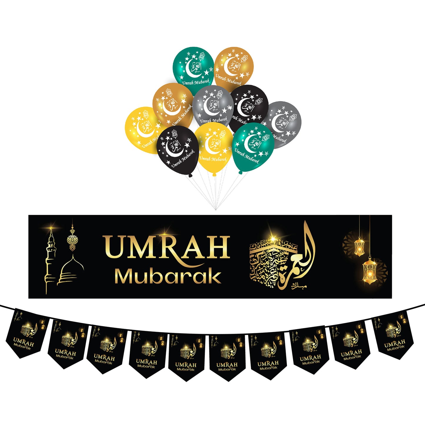 Umrah Mubarak Banner Gift Pack of 2 Complete Bumper Set Flag balloons New Modern