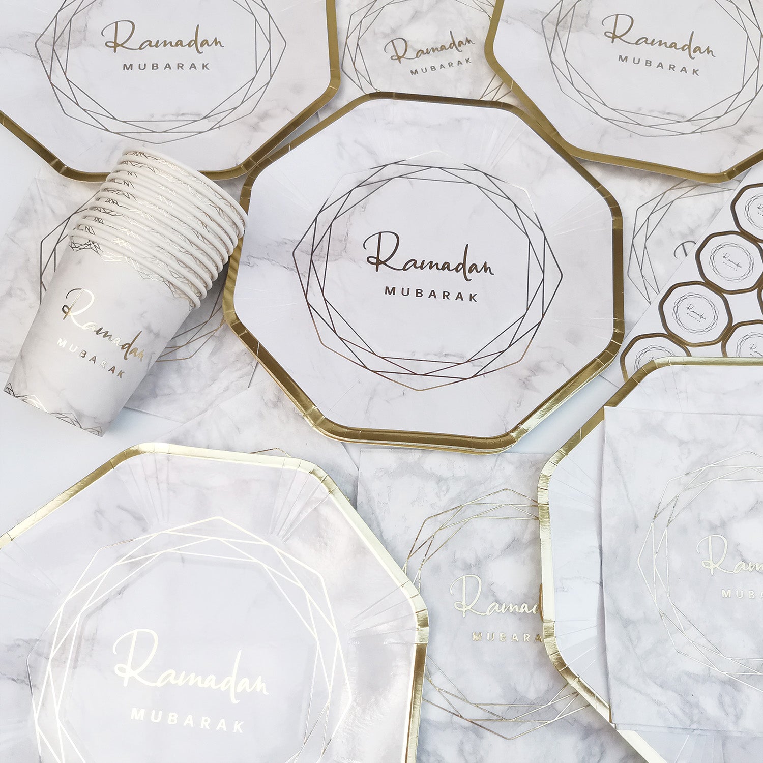 Geometric Marble Ramadan Mubarak Party Serving Set - Octagon Gold Foil Plates, Cups, and Napkins