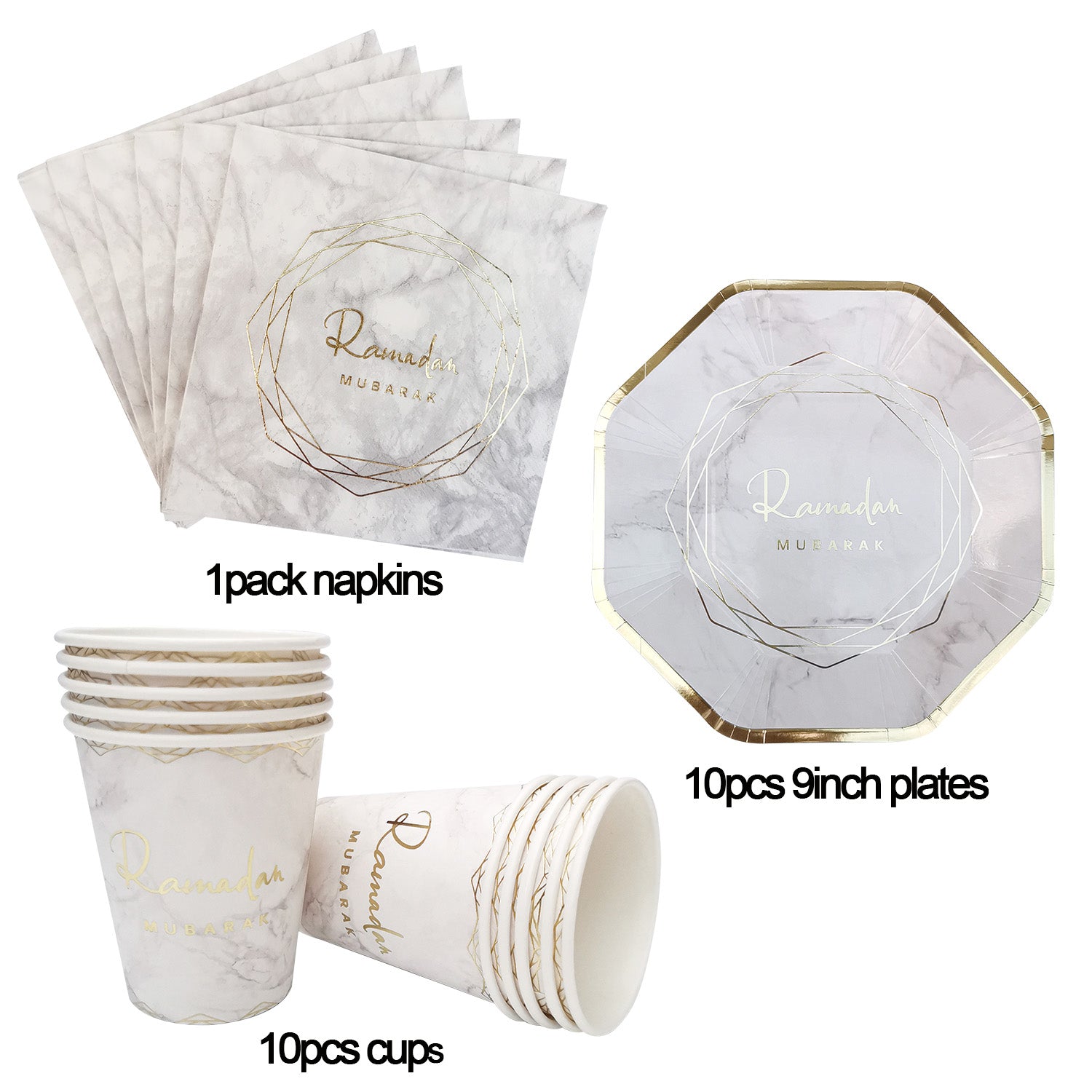 Geometric Marble Ramadan Mubarak Party Serving Set - Octagon Gold Foil Plates, Cups, and Napkins