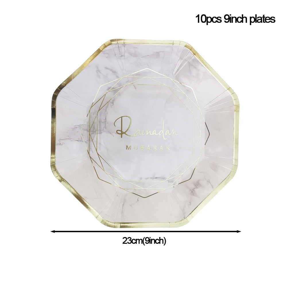 Geometric Marble Ramadan Mubarak Party Serving Set - Octagon Gold Foil Plates, Cups, and Napkins