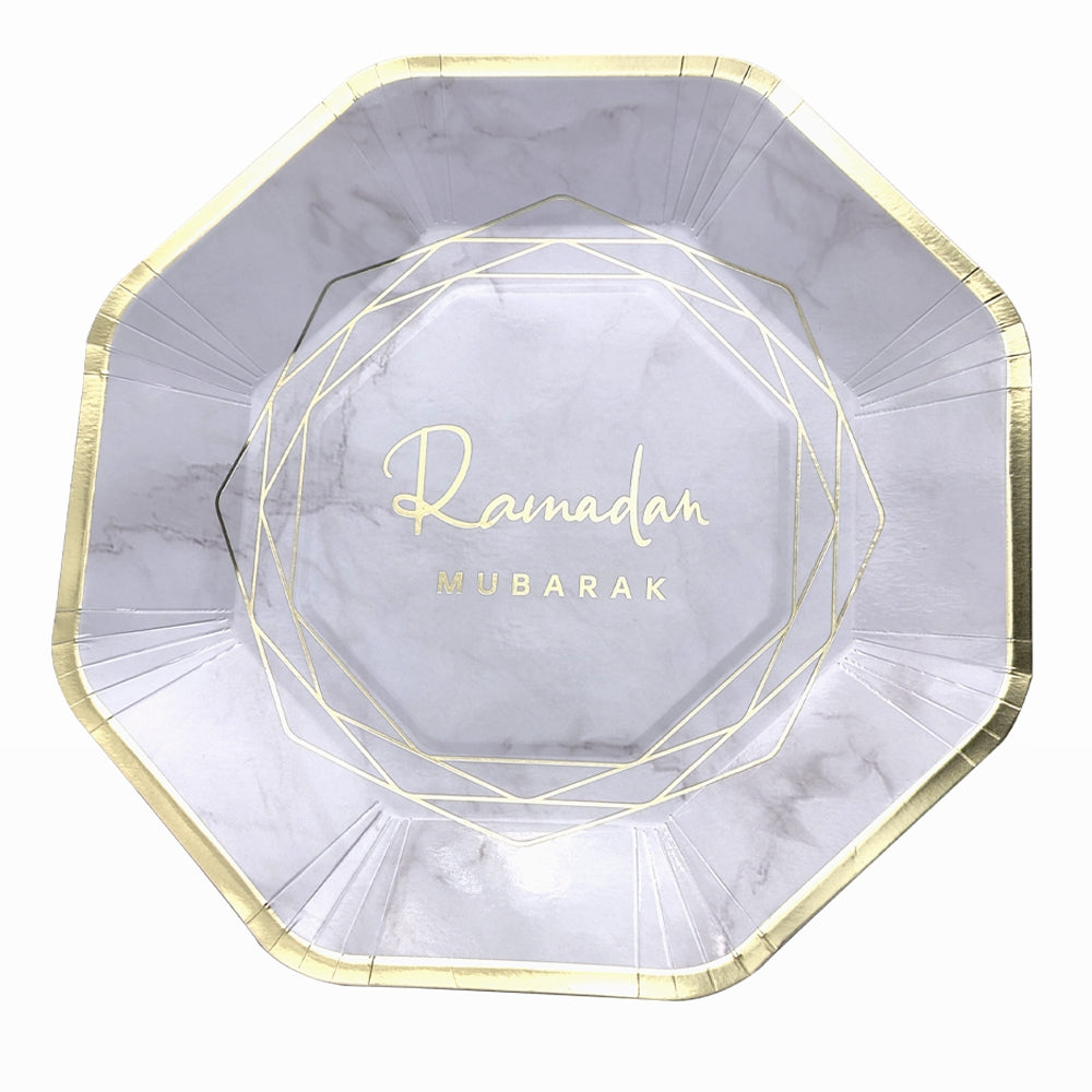 Geometric Marble Ramadan Mubarak Party Serving Set - Octagon Gold Foil Plates, Cups, and Napkins