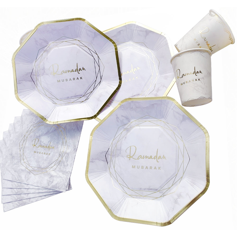 Geometric Marble Ramadan Mubarak Party Serving Set - Octagon Gold Foil Plates, Cups, and Napkins