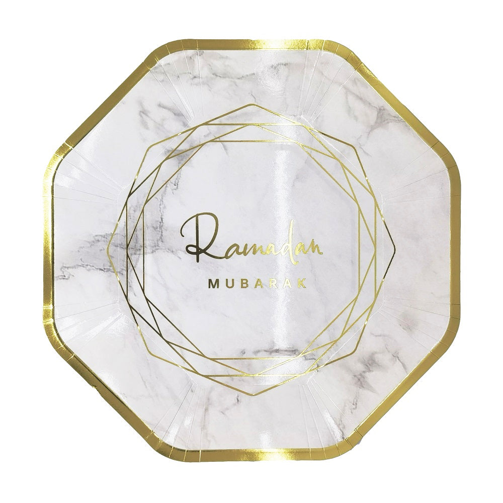 Geometric Marble Ramadan Mubarak Party Serving Set - Octagon Gold Foil Plates, Cups, and Napkins