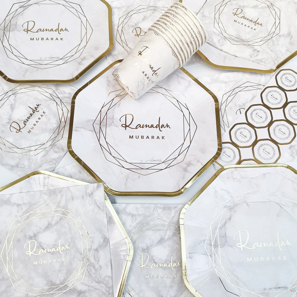 Geometric Marble Ramadan Mubarak Party Serving Set - Octagon Gold Foil Plates, Cups, and Napkins