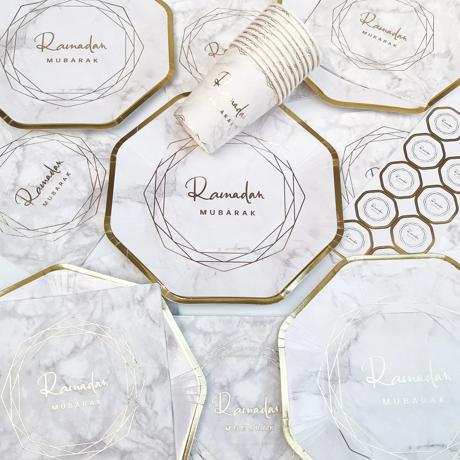 Geometric Marble Ramadan Mubarak Party Serving Set - Octagon Gold Foil Plates, Cups, and Napkins