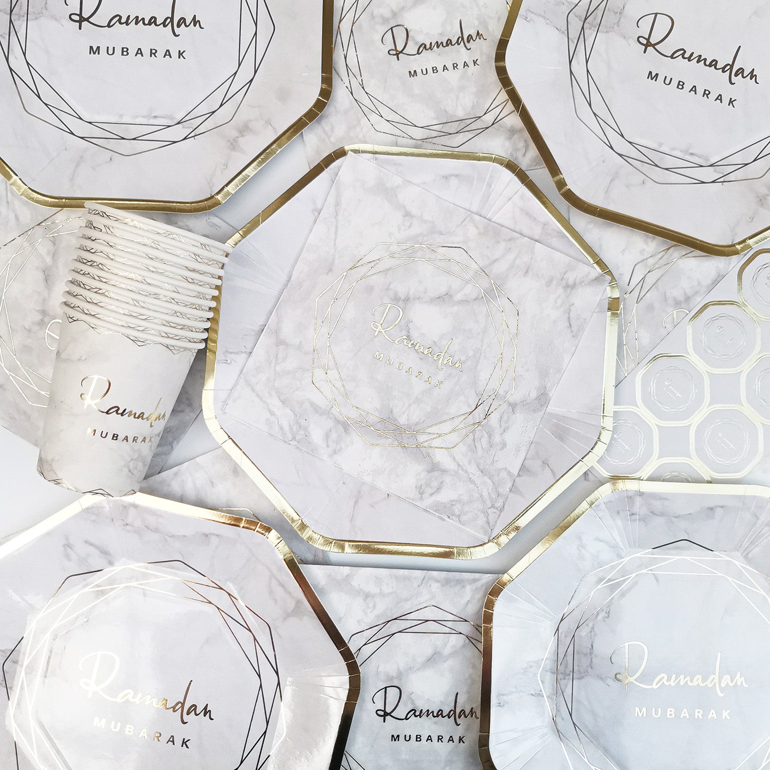 Geometric Marble Ramadan Mubarak Party Serving Set - Octagon Gold Foil Plates, Cups, and Napkins