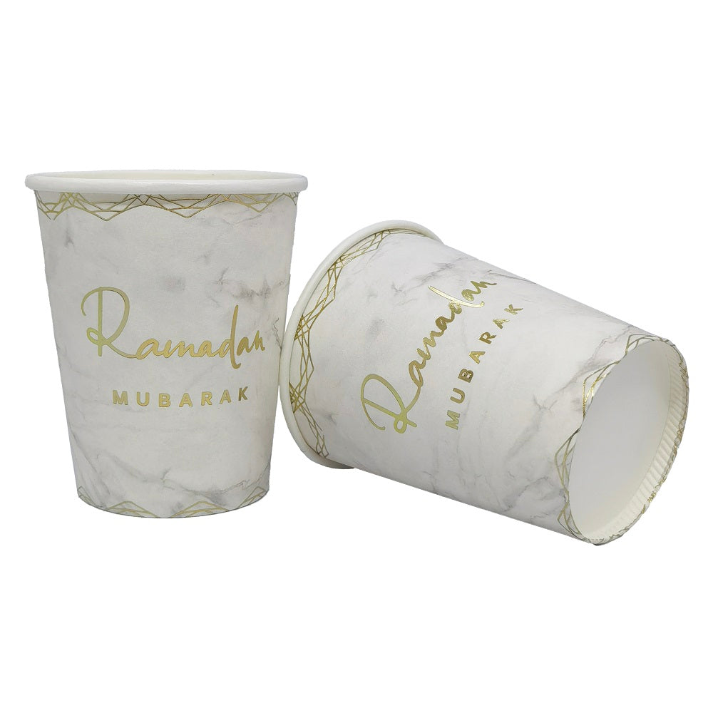 Geometric Marble Ramadan Mubarak Party Serving Set - Octagon Gold Foil Plates, Cups, and Napkins