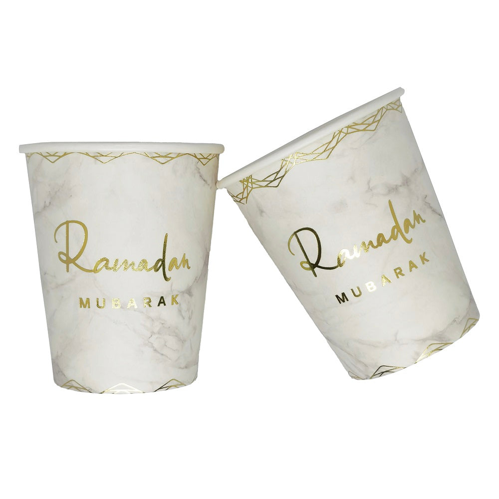 Geometric Marble Ramadan Mubarak Party Serving Set - Octagon Gold Foil Plates, Cups, and Napkins