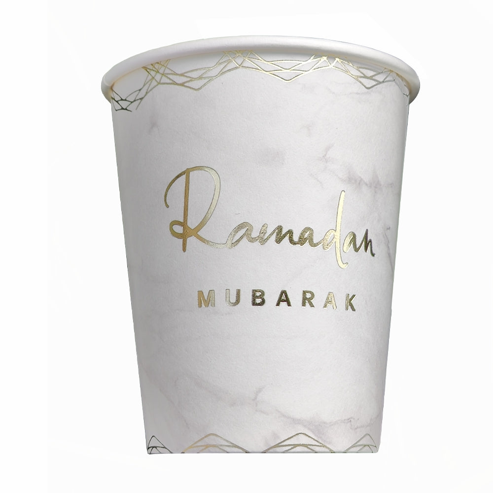 Geometric Marble Ramadan Mubarak Party Serving Set - Octagon Gold Foil Plates, Cups, and Napkins