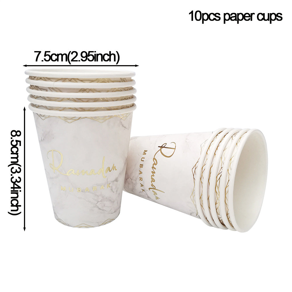 Geometric Marble Ramadan Mubarak Party Serving Set - Octagon Gold Foil Plates, Cups, and Napkins