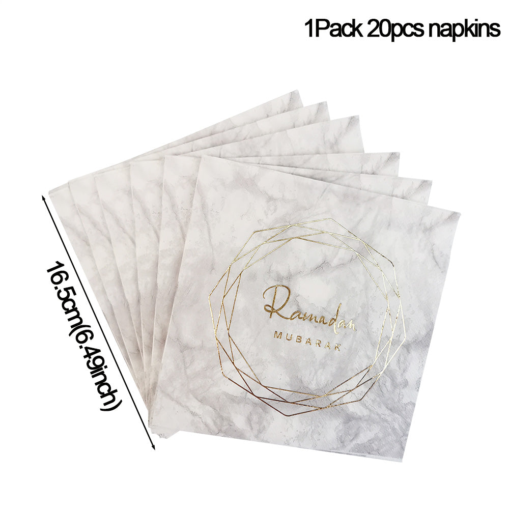 Geometric Marble Ramadan Mubarak Party Serving Set - Octagon Gold Foil Plates, Cups, and Napkins