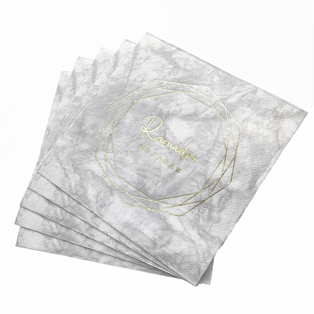 Geometric Marble Ramadan Mubarak Party Serving Set - Octagon Gold Foil Plates, Cups, and Napkins