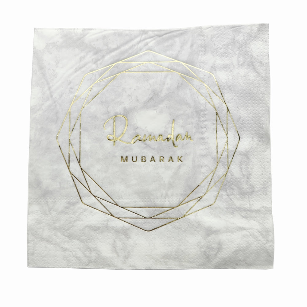 Geometric Marble Ramadan Mubarak Party Serving Set - Octagon Gold Foil Plates, Cups, and Napkins