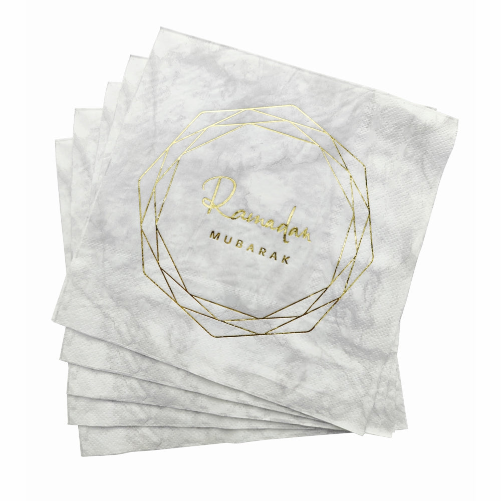 Geometric Marble Ramadan Mubarak Party Serving Set - Octagon Gold Foil Plates, Cups, and Napkins