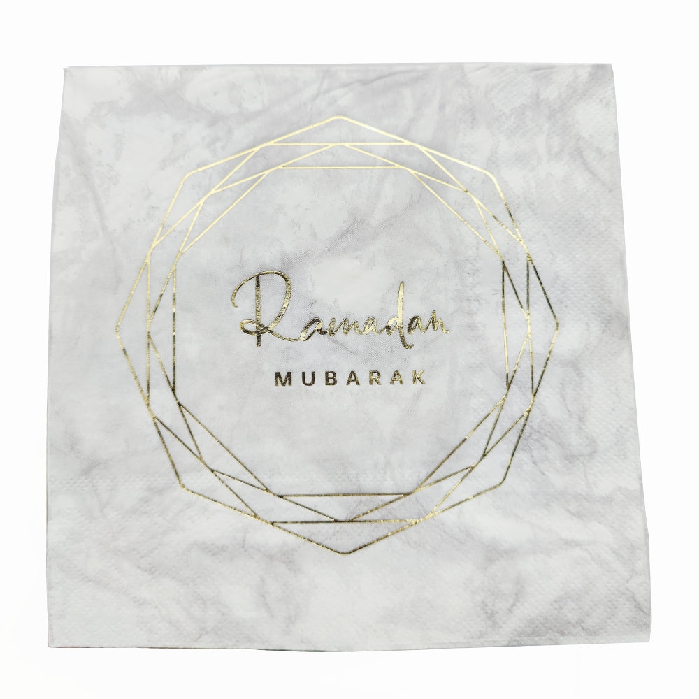 Geometric Marble Ramadan Mubarak Party Serving Set - Octagon Gold Foil Plates, Cups, and Napkins