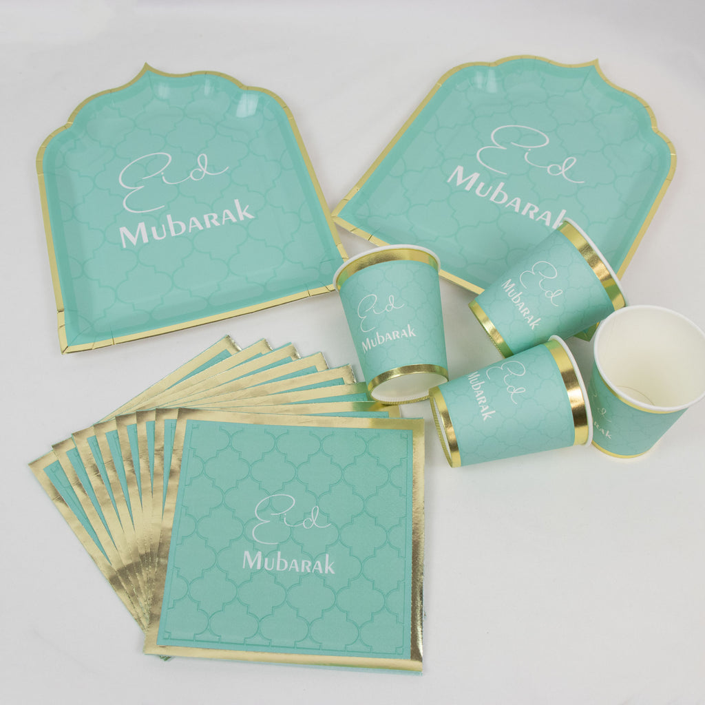 Luxury Eid Mubarak Mosque Theme Party Decoration Set - Green Gold Foil Design (Plates, Cups, Napkins)
