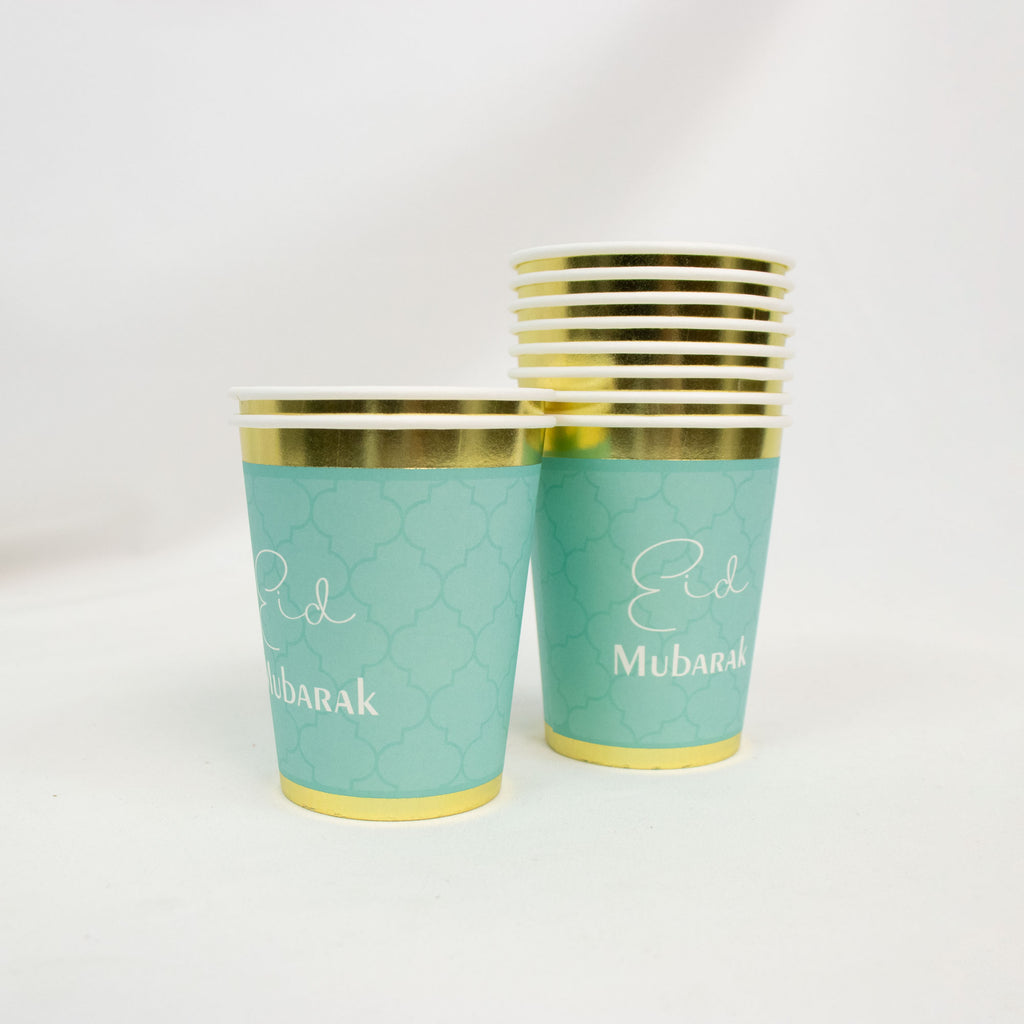 Luxury Eid Mubarak Mosque Theme Party Decoration Set - Green Gold Foil Design (Plates, Cups, Napkins)