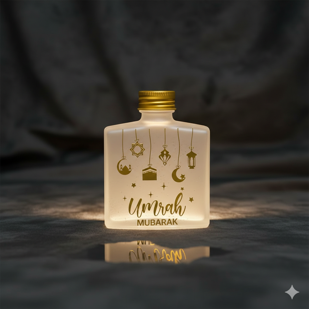 Umrah Mubarak Square Glass Bottle – Gold Printed Elegant Tabarruk Container