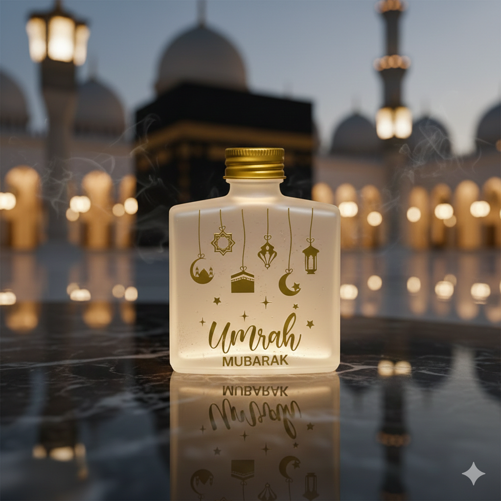 Umrah Mubarak Square Glass Bottle – Gold Printed Elegant Tabarruk Container