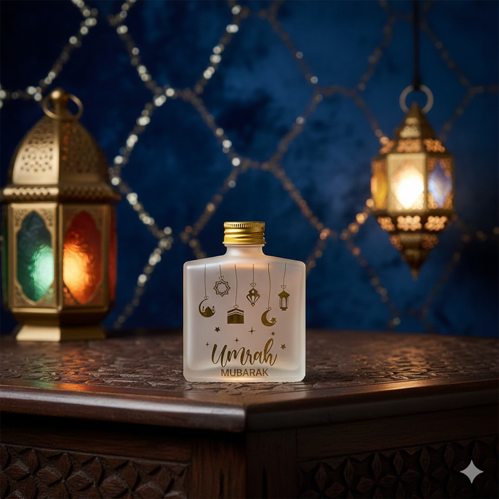 Umrah Mubarak Square Glass Bottle – Gold Printed Elegant Tabarruk Container