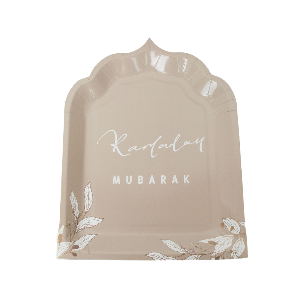 Premium Ramadan Mubarak Disposable Dinnerware Set - Floral Taupe Theme - Mosque Plates, Paper Cups, and Double Layer Napkins