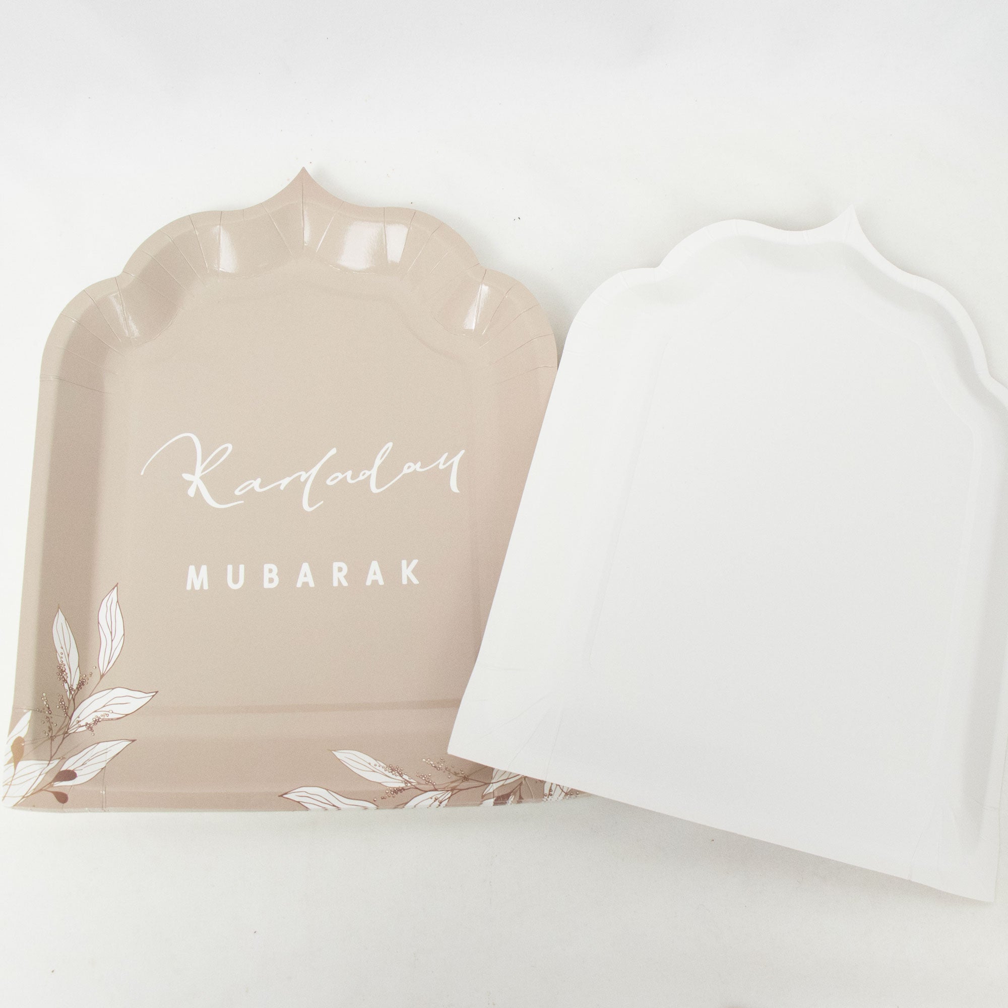 Premium Ramadan Mubarak Disposable Dinnerware Set - Floral Taupe Theme - Mosque Plates, Paper Cups, and Double Layer Napkins
