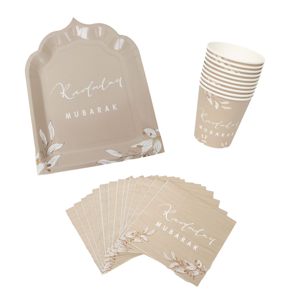 Premium Ramadan Mubarak Disposable Dinnerware Set - Floral Taupe Theme - Mosque Plates, Paper Cups, and Double Layer Napkins