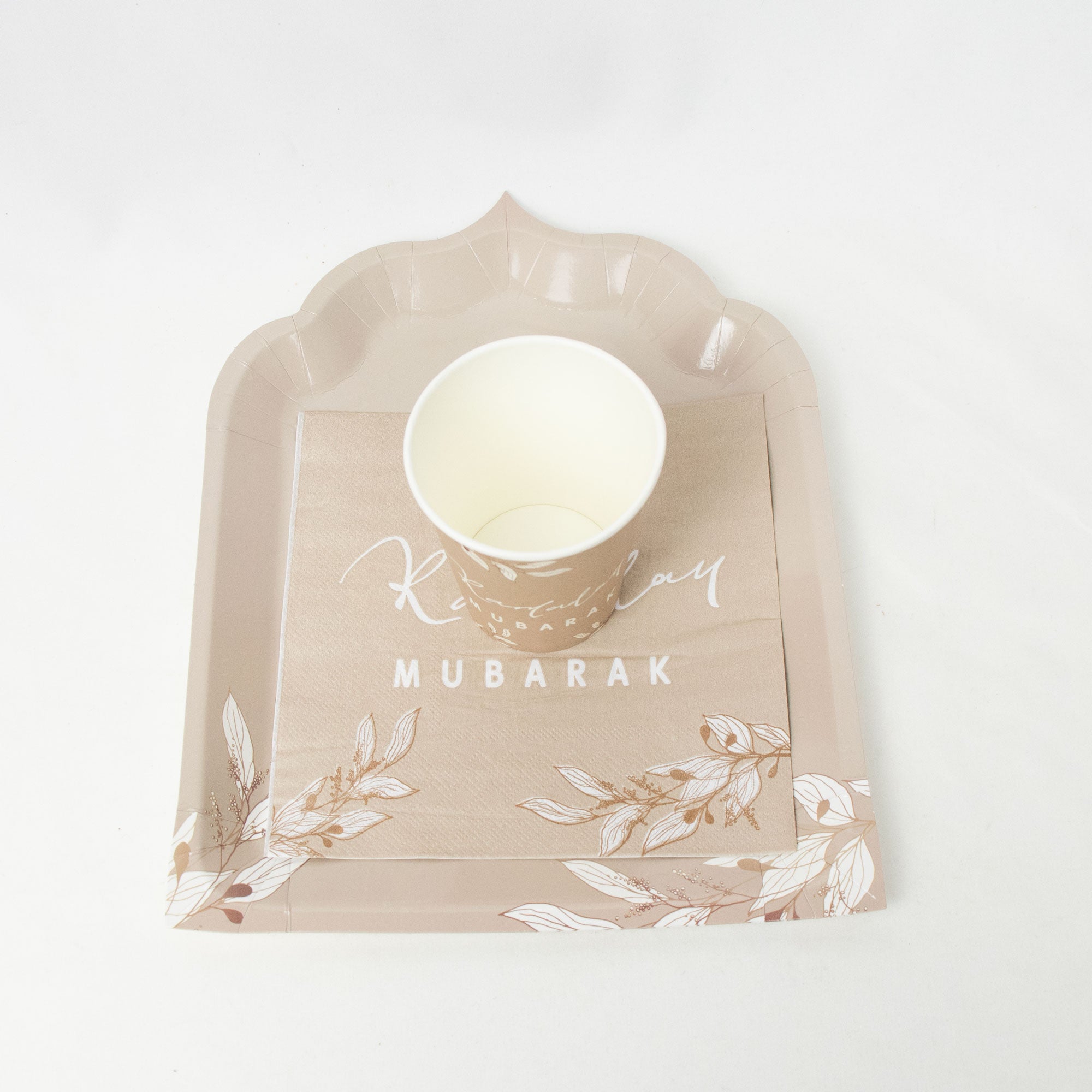 Premium Ramadan Mubarak Disposable Dinnerware Set - Floral Taupe Theme - Mosque Plates, Paper Cups, and Double Layer Napkins