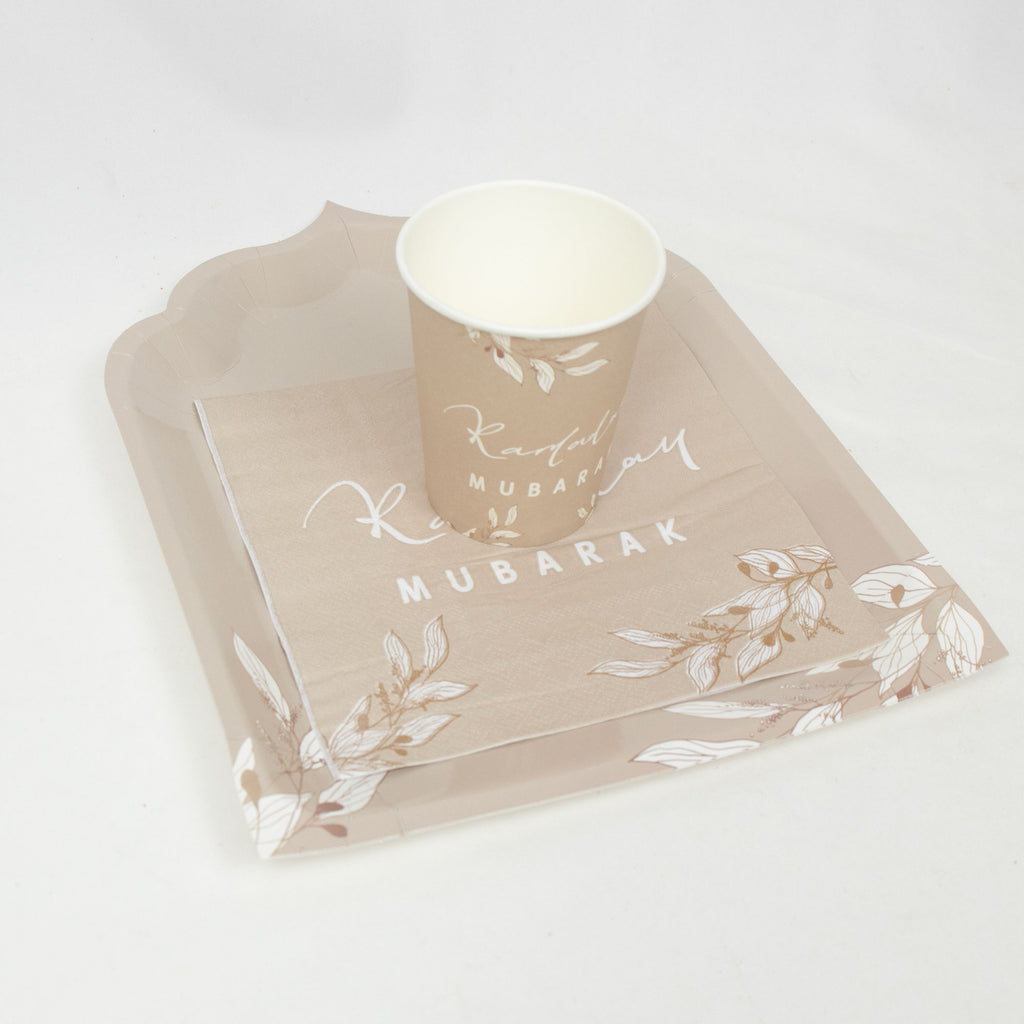 Premium Ramadan Mubarak Disposable Dinnerware Set - Floral Taupe Theme - Mosque Plates, Paper Cups, and Double Layer Napkins