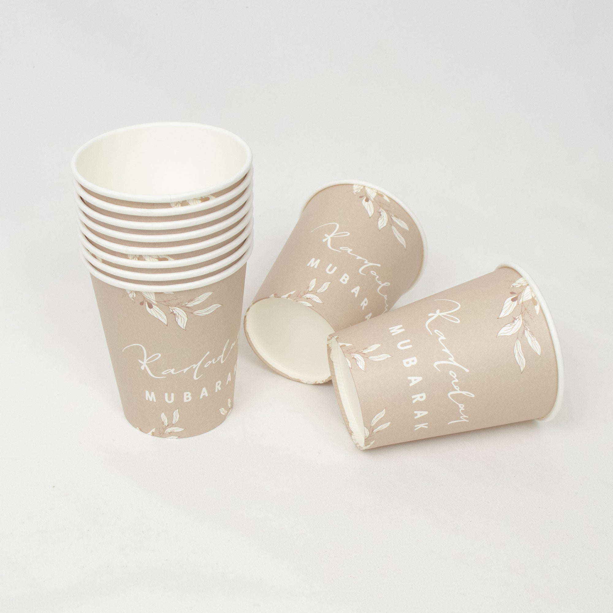 Premium Ramadan Mubarak Disposable Dinnerware Set - Floral Taupe Theme - Mosque Plates, Paper Cups, and Double Layer Napkins