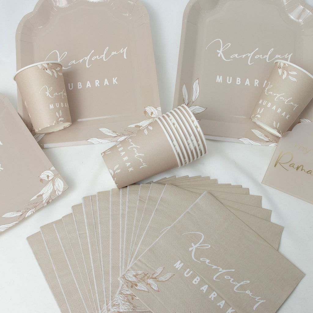 Premium Ramadan Mubarak Disposable Dinnerware Set - Floral Taupe Theme - Mosque Plates, Paper Cups, and Double Layer Napkins