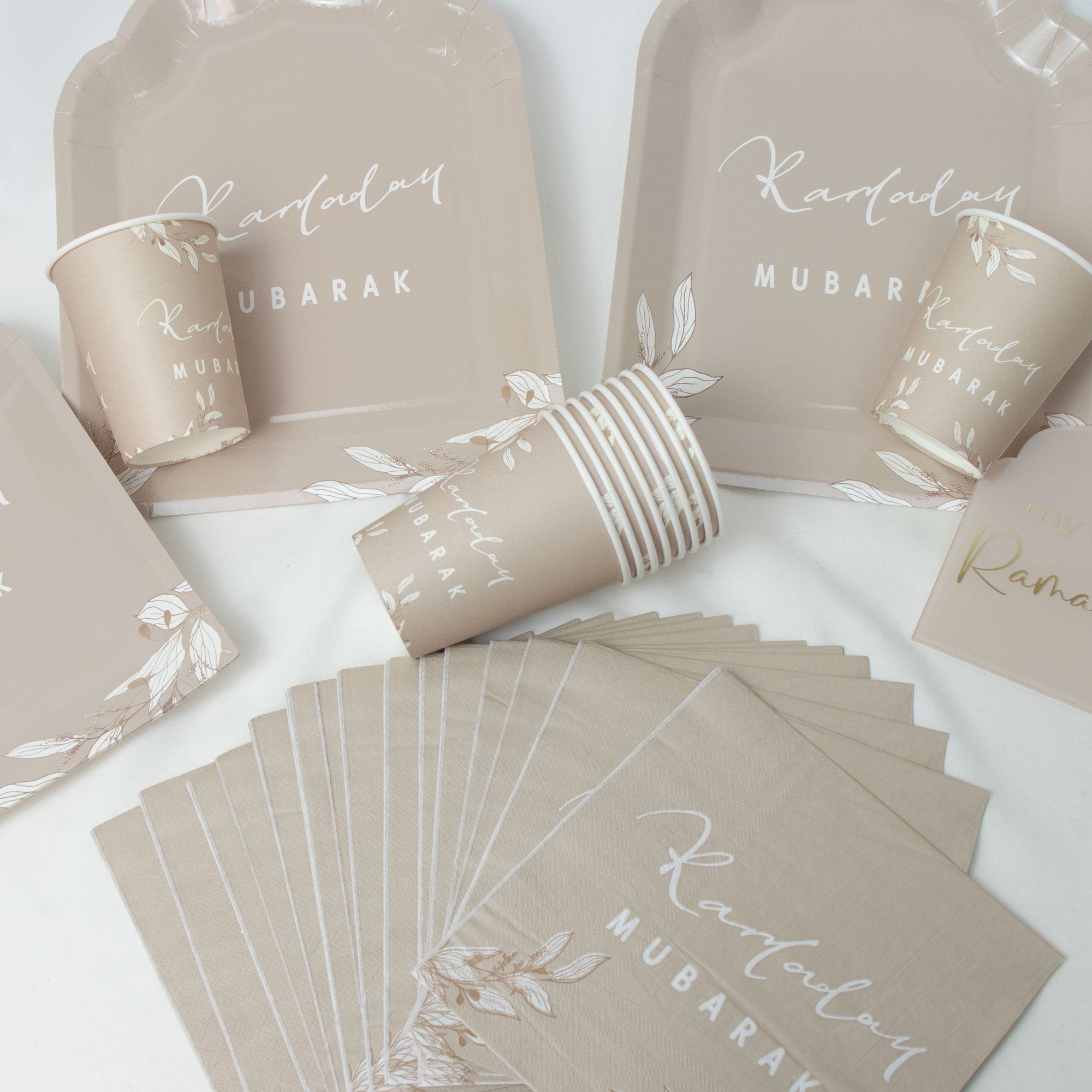 Premium Ramadan Mubarak Disposable Dinnerware Set - Floral Taupe Theme - Mosque Plates, Paper Cups, and Double Layer Napkins