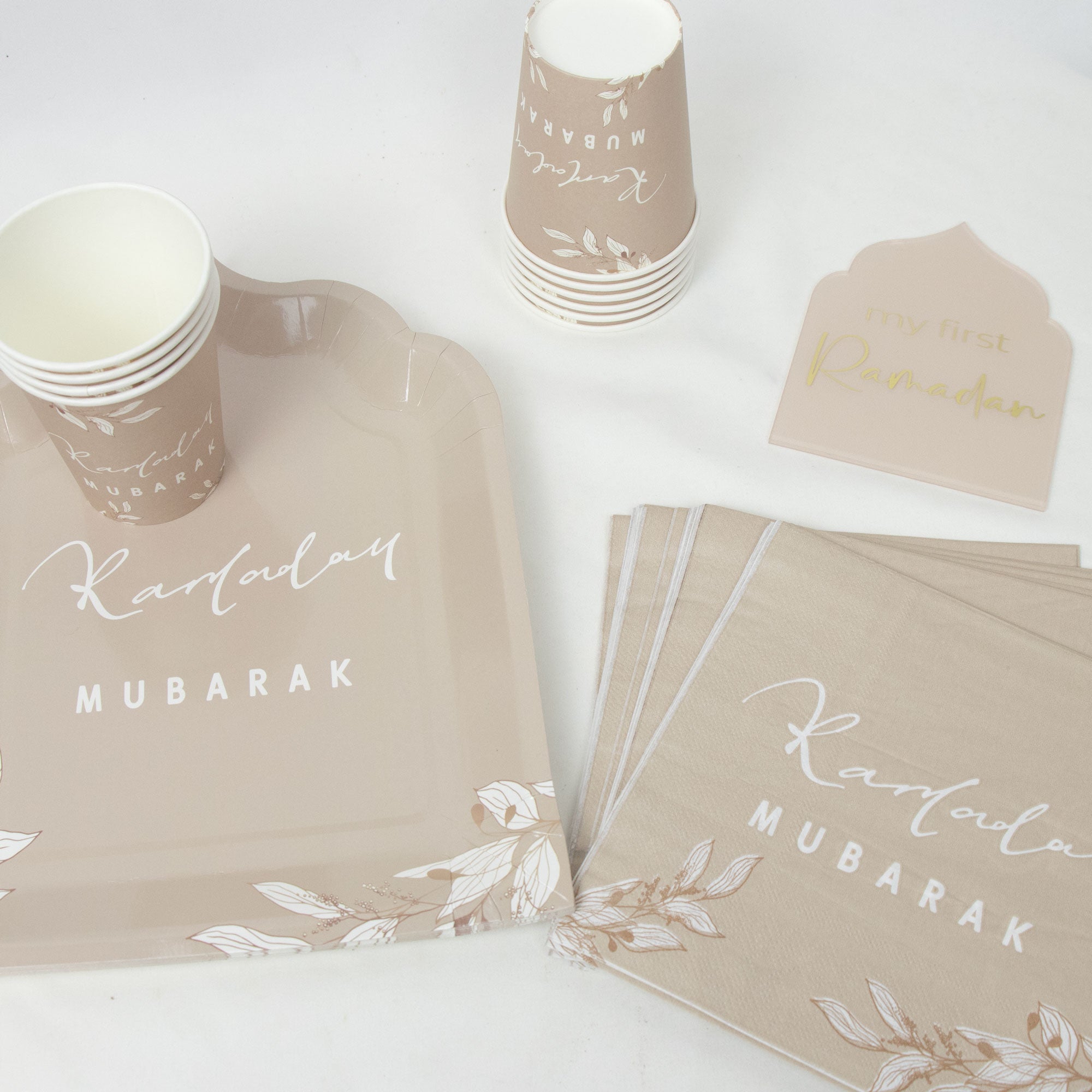 Premium Ramadan Mubarak Disposable Dinnerware Set - Floral Taupe Theme - Mosque Plates, Paper Cups, and Double Layer Napkins