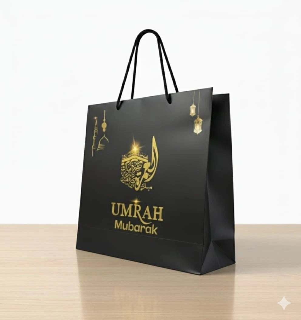 Premium Umrah Mubarak Gift Bag – Elegant Black & Gold Matte Finish
