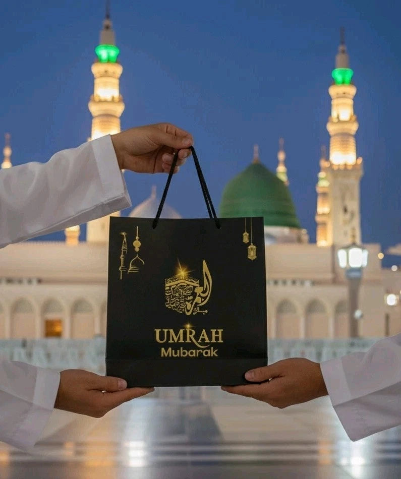 Premium Umrah Mubarak Gift Bag – Elegant Black & Gold Matte Finish
