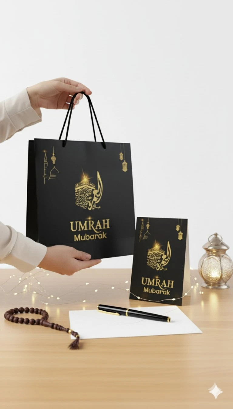 Premium Umrah Mubarak Gift Bag – Elegant Black & Gold Matte Finish