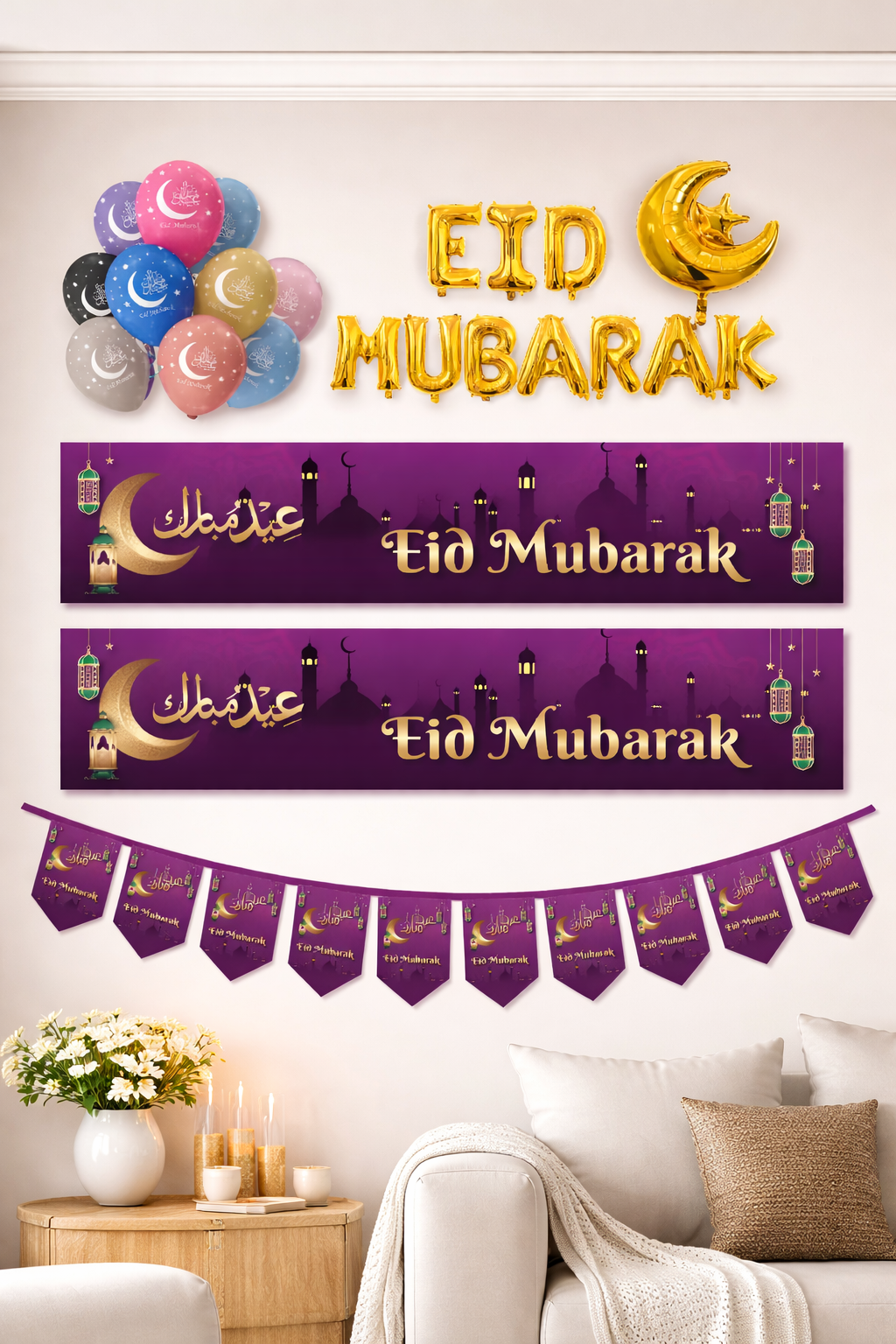 Eid Mubarak Decoration Set Purple & Gold Banners Bunting Balloons for Celebration