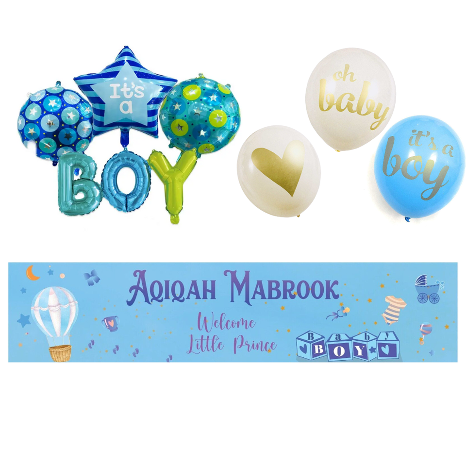 Baby Shower Banner And Balloon set BOY Aqiqah Mubarak party decor Gift