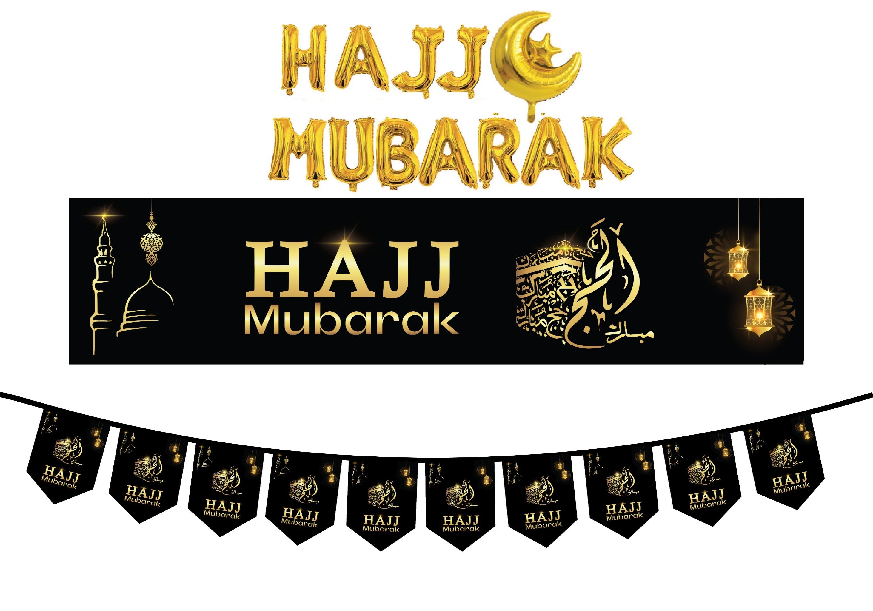 Hajj Mubarak Gold Foil Set Banner Bunting Foil Balloons decorative wall hanging