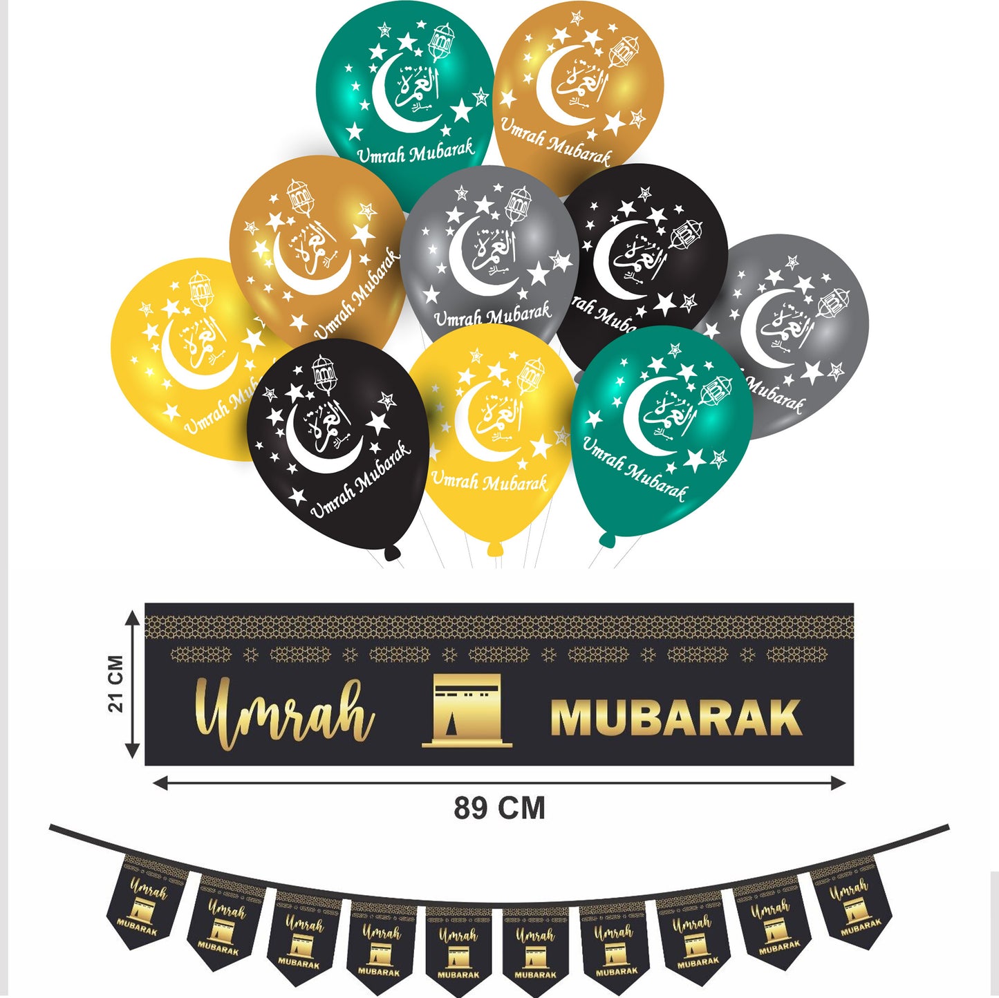 New Umrah Mubarak Bumper Set Banner, Buntings and Balloons Decorative Wall Hanging 2024