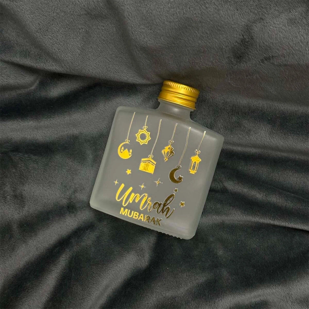 Umrah Mubarak Square Glass Bottle – Gold Printed Elegant Tabarruk Container