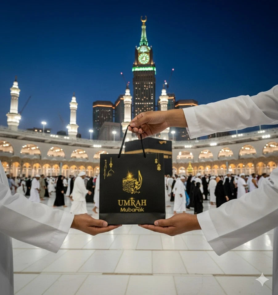 UMRAH MUBARAK  CARD and Gift Bag WITH ENVELOPE PREMIUM ELEGANT LUXURIOUS Gold
