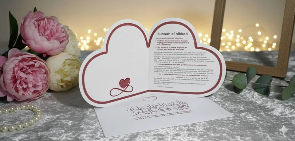 Premium Islamic Wedding Card | Sunnah of Nikah Guide & Arabic Du'a | Heart Shape