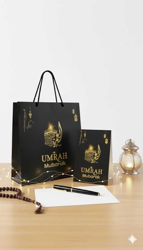 UMRAH MUBARAK  CARD and Gift Bag WITH ENVELOPE PREMIUM ELEGANT LUXURIOUS Gold