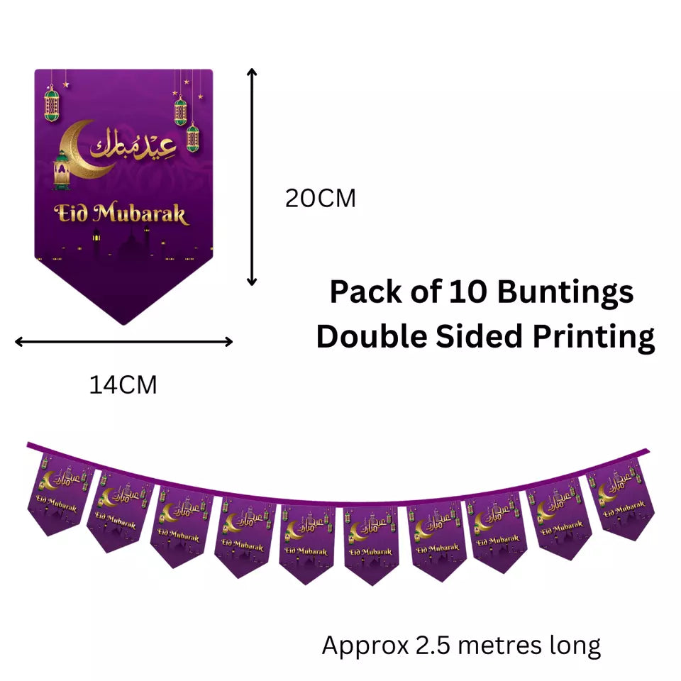 Eid Mubarak Decoration Set Purple & Gold Banners Bunting Balloons for Celebration