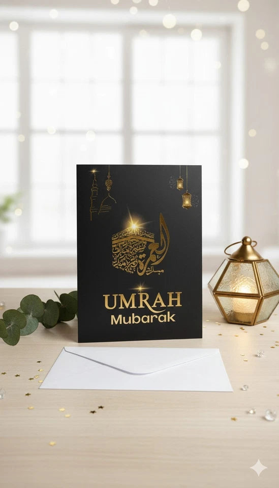 UMRAH MUBARAK  CARD and Gift Bag WITH ENVELOPE PREMIUM ELEGANT LUXURIOUS Gold