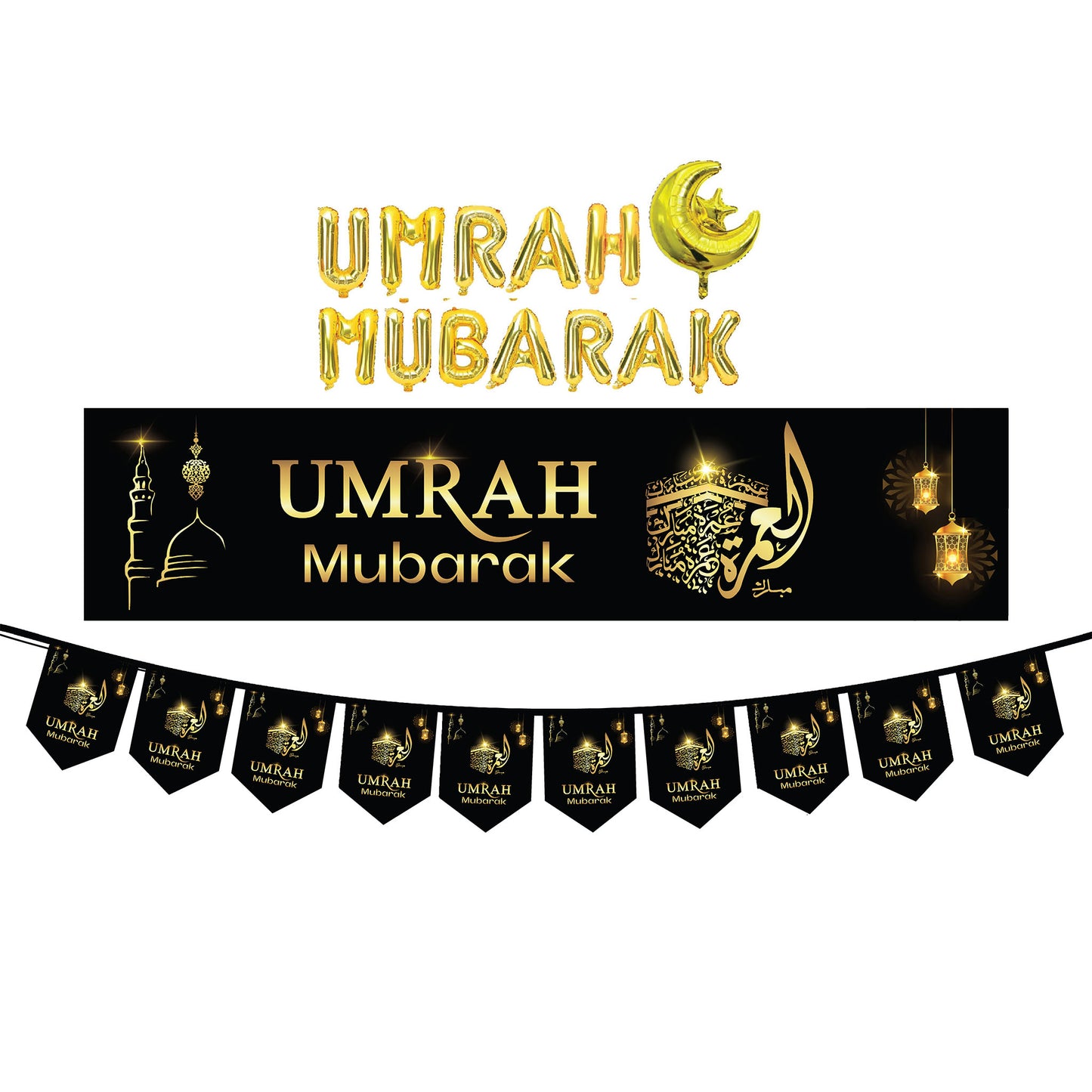 Umrah Mubarak Gold Foil Set Banner Bunting Foil Balloons decorative wall hanging