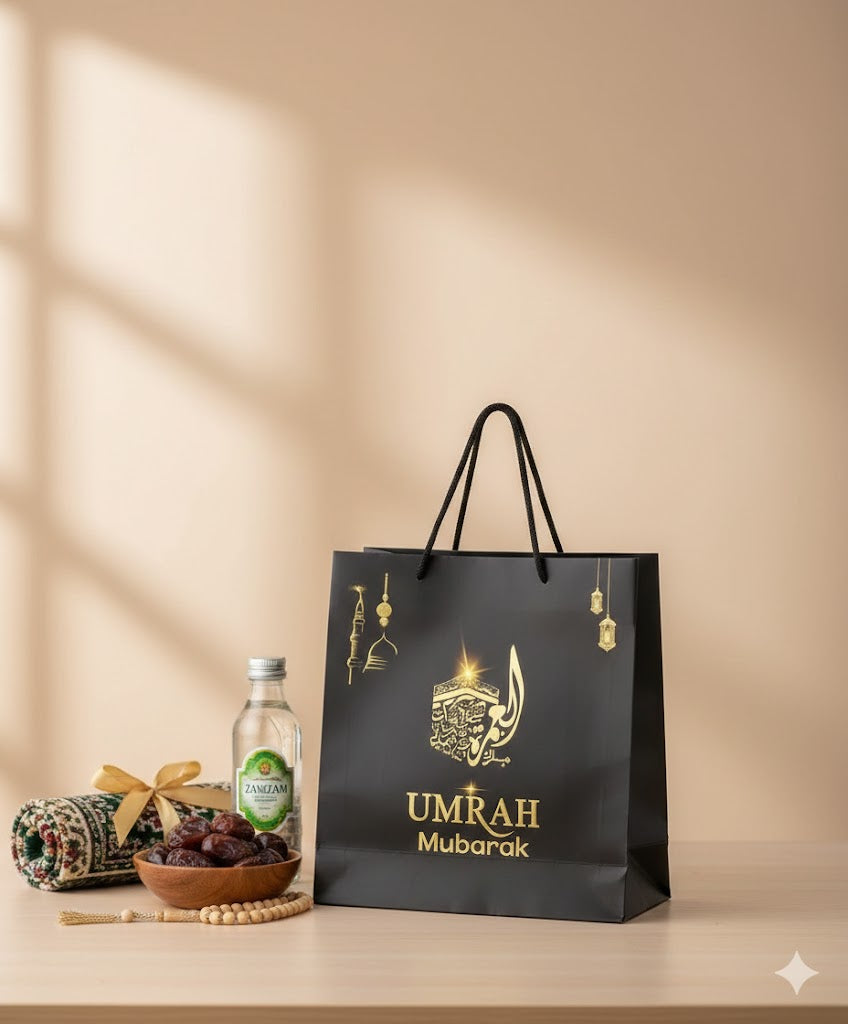 Premium Umrah Mubarak Gift Bag – Elegant Black & Gold Matte Finish