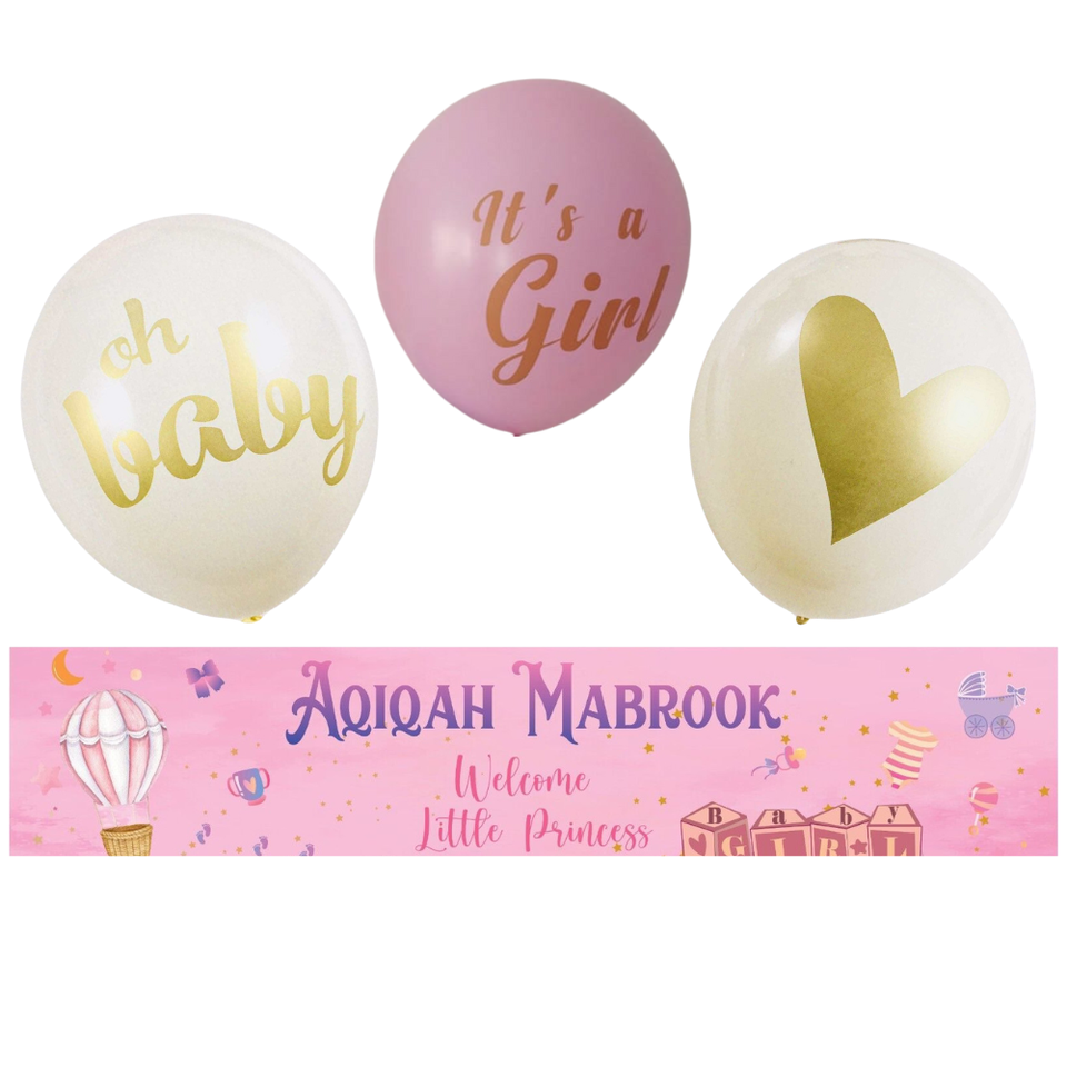 Baby Shower Banner And Balloon set Girl Aqiqah Mubarak party decor Gift